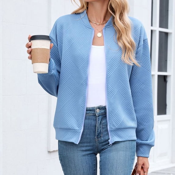 dazeni Womens Casual Outwear Lightwieght Zip up Bomber Jackets Solid Fall Texture Long Sleeve Coat for Daily Blue Large