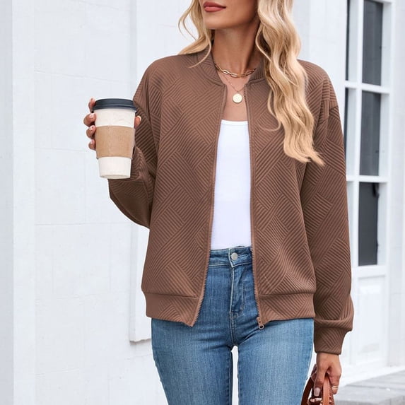 dazeni Womens Casual Outwear Lightwieght Zip up Bomber Jackets Solid Fall Texture Long Sleeve Coat for Daily Khaki Medium
