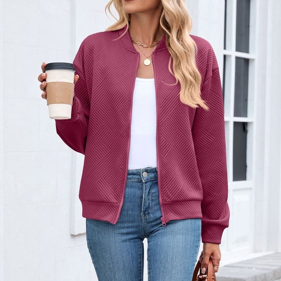 dazeni Womens Casual Outwear Lightwieght Zip up Bomber Jackets Solid Fall Texture Long Sleeve Coat for Daily Wine XX-Large