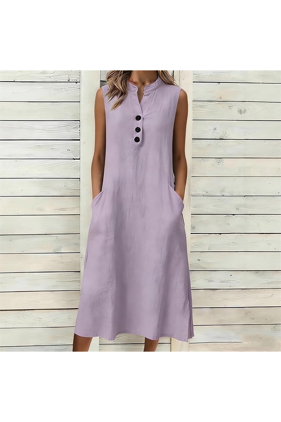 Womens Casual V Neck Sundresses with Pockets Button Down Sleeveless Flowy Tank Dress Summer Beach Vacation Clothes