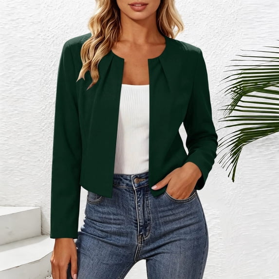 dazeni Womens Cropped Cardigan Jackets Fashion Slim Fit Pleated Open Front Coat Casual Crewneck Long Sleeve Jackets for Work Travel Army Green Medium