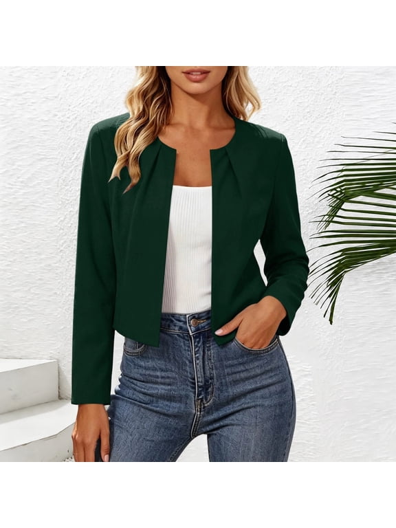 Womens Cropped Cardigan Jackets Fashion Slim Fit Pleated Open Front Coat Casual Crewneck Long Sleeve Jackets for Work Travel Army Green Medium