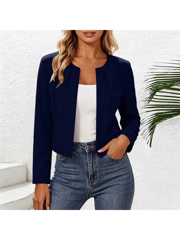 Womens Cropped Cardigan Jackets Fashion Slim Fit Pleated Open Front Coat Casual Crewneck Long Sleeve Jackets for Work Travel Navy XX-Large