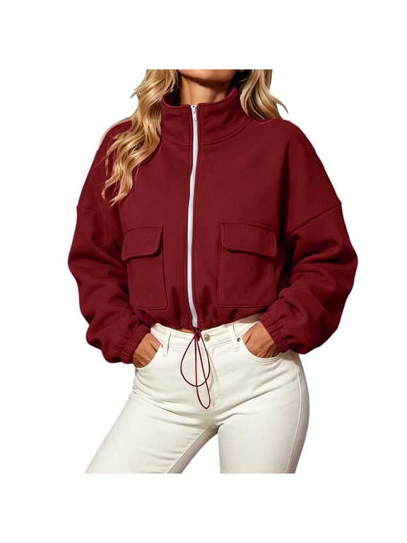 Womens Fashion Zip up Cropped Jackets Y2k Sweatshirts Lightweight Drawstring Hem Casual Athletic Workout Short Jacket with Pockets
