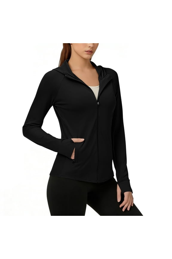 Womens Full Zip up Hoodies Shirts Lightweight UPF 50+ Quick Dry Workout Tops Long Sleeve Running Athletic Hiking Shirts with Pockets Thumb Holes Black Large