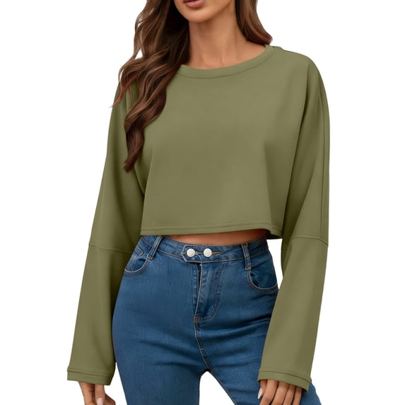 dazeni Womens Lightweight Crop Sweatshirts Summer Long Sleeve Cropped Pullover Solid Crewneck Atheletic Running Tops Army Green Small