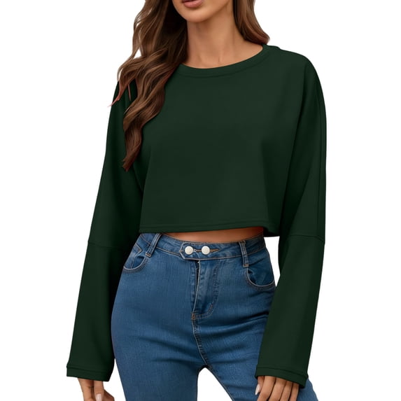 dazeni Womens Lightweight Crop Sweatshirts Summer Long Sleeve Cropped Pullover Solid Crewneck Atheletic Running Tops Green X-Small
