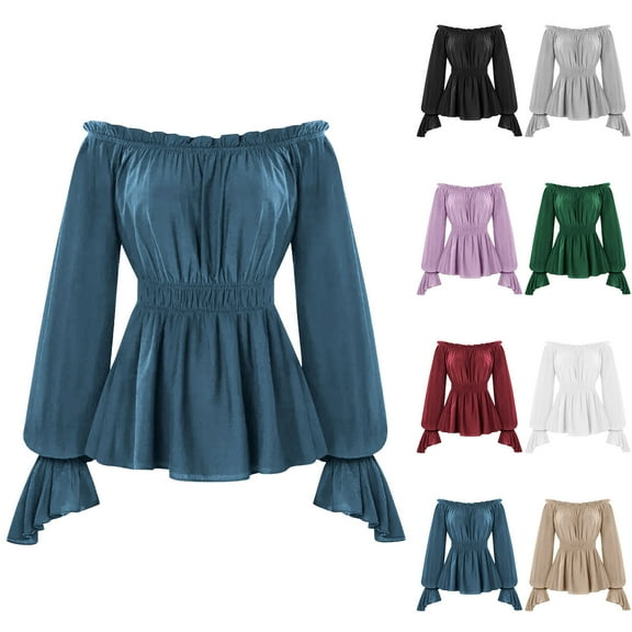 dazeni Womens Long Sleeve Off The Shoulder Tops Renaissance Pirate Shirt Gothic Peasant Blouse Empire Waisted Smocked Boho Top Green L