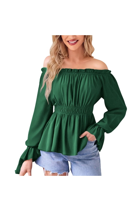 Womens Long Sleeve Off The Shoulder Tops Renaissance Pirate Shirt Gothic Peasant Blouse Empire Waisted Smocked Boho Top Green XL