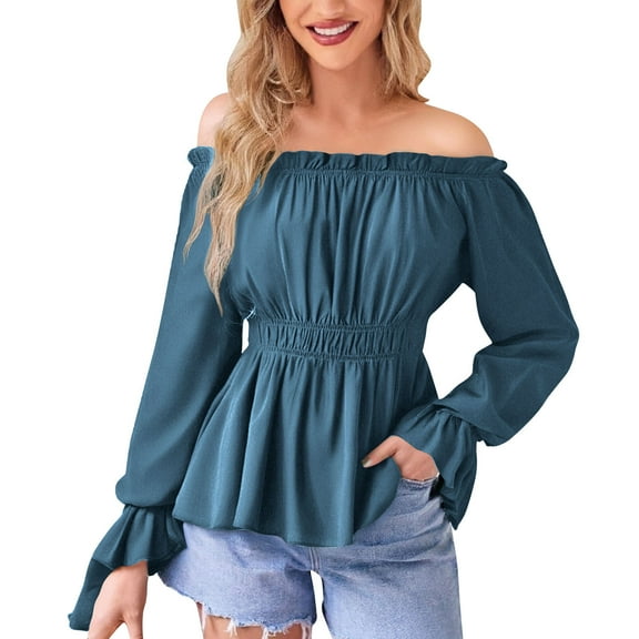 dazeni Womens Long Sleeve Off The Shoulder Tops Renaissance Pirate Shirt Gothic Peasant Blouse Empire Waisted Smocked Boho Top Navy L