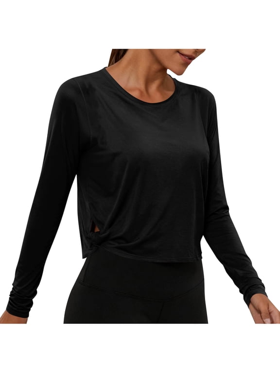 Womens Long Sleeve Workout Athletic Shirts Breathable Hallow out Crop Tops Soft Crewneck T Shirts for Hiking Running Black M