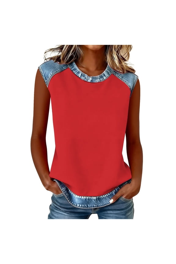 Womens Look Like Denim Patchwork Shirts Trendy Sleeveless Tee Summer Crewneck T Shirts Blouse Red S