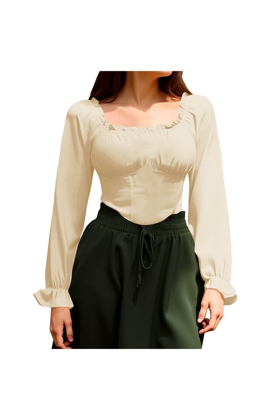 Womens Mini Flare Long Sleeve Off The Shoulder Tops Ruffle Renaissance Pirate Crop Shirt Gothic Peasant Blouse Elegant Smocked Boho Top Beige L