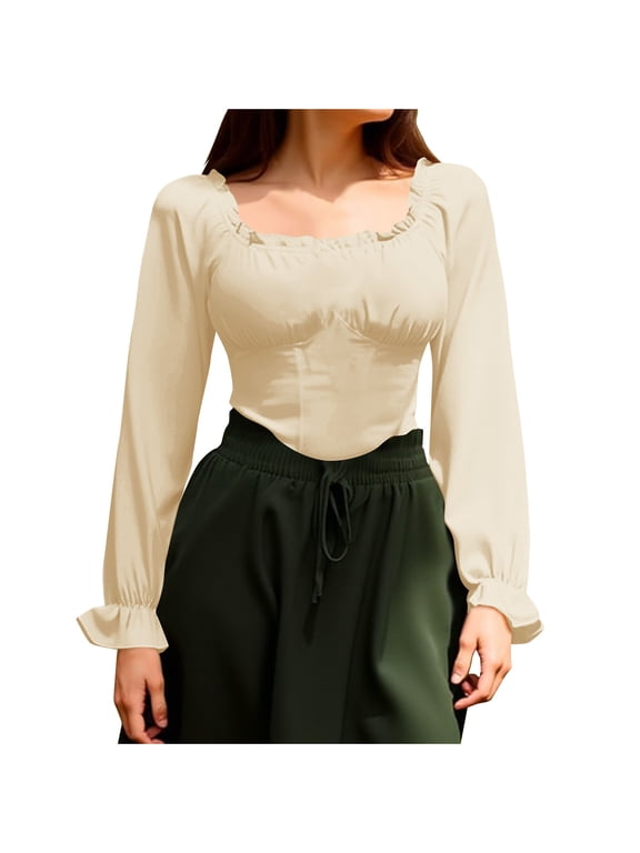 Womens Mini Flare Long Sleeve Off The Shoulder Tops Ruffle Renaissance Pirate Crop Shirt Gothic Peasant Blouse Elegant Smocked Boho Top Beige L