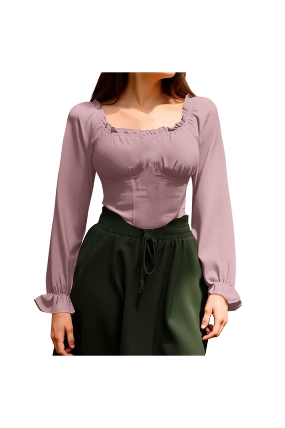 Womens Mini Flare Long Sleeve Off The Shoulder Tops Ruffle Renaissance Pirate Crop Shirt Gothic Peasant Blouse Elegant Smocked Boho Top Pink XXL