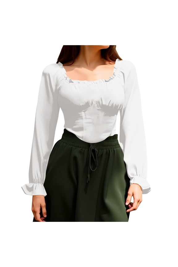 Womens Mini Flare Long Sleeve Off The Shoulder Tops Ruffle Renaissance Pirate Crop Shirt Gothic Peasant Blouse Elegant Smocked Boho Top White L