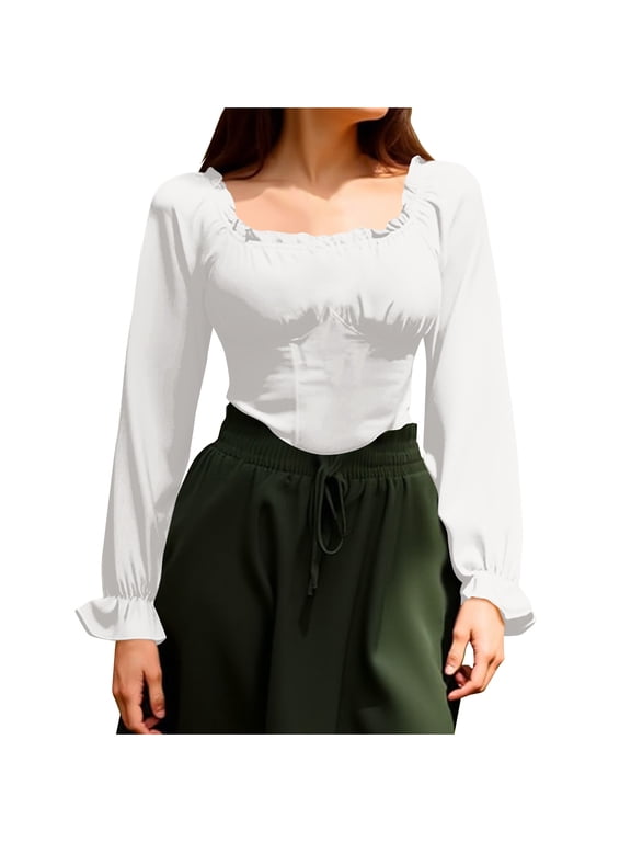 Womens Mini Flare Long Sleeve Off The Shoulder Tops Ruffle Renaissance Pirate Crop Shirt Gothic Peasant Blouse Elegant Smocked Boho Top White L