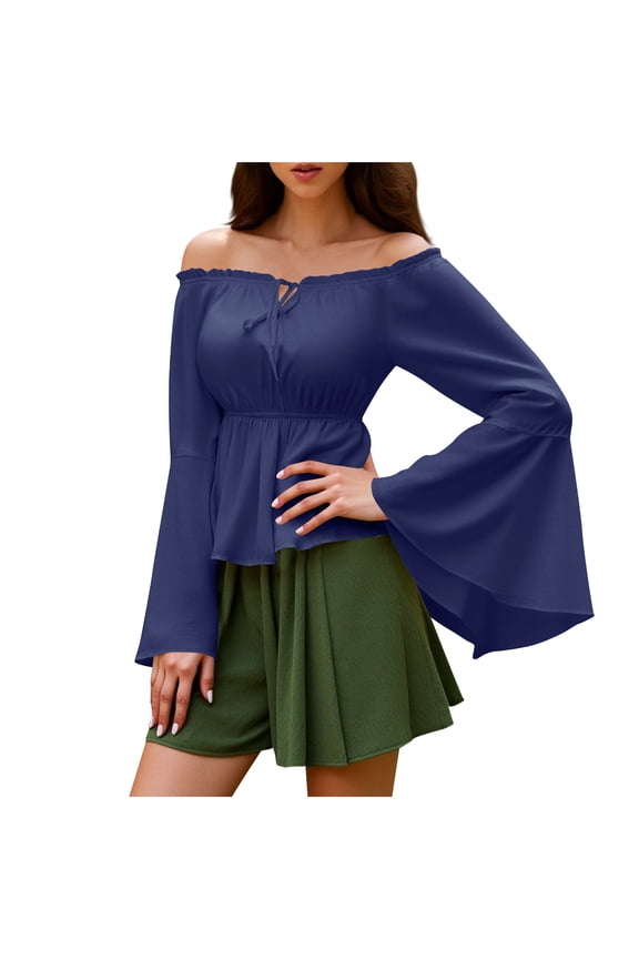 Womens Off The Shoulder Long Bell Sleeve Tops Flared Casual Loose Blouse Gothic Trumpet Peasant Blouse Navy L