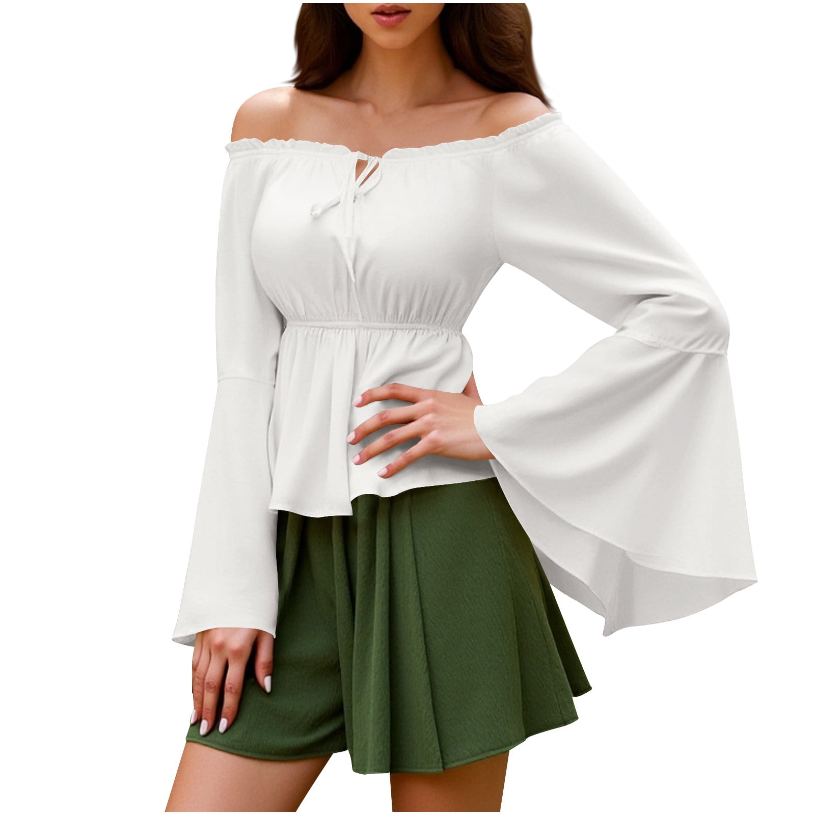 dazeni Womens Off The Shoulder Long Bell Sleeve Tops Flared Casual