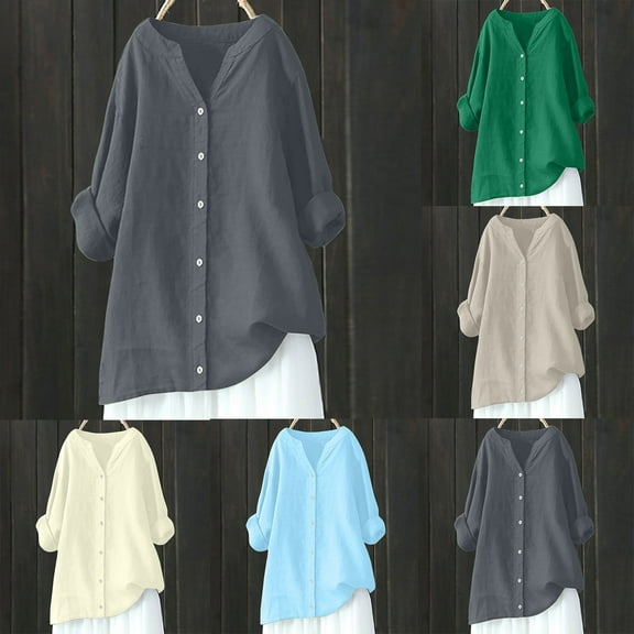 dazeni Womens Oversized Button Down Shirts Linen Cotton Long Sleeve Blouse Tunic Tops Cover Up Shirt Loose Beach Shirts Dress