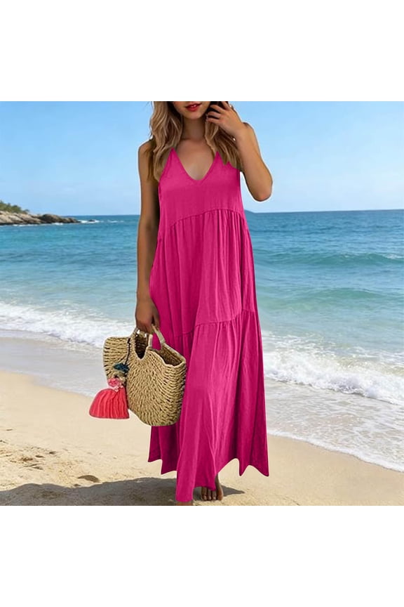 Womens Oversized Linen Dresses Sleeveless V Neck Sundress Summer Dresses with Pockets Lightweight Beach Vacation Clothes