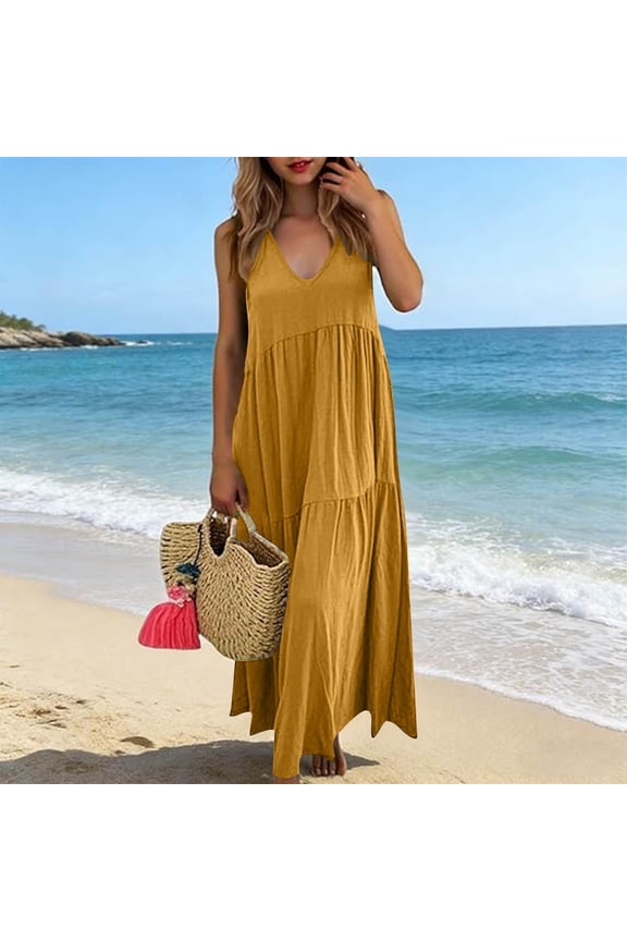 Womens Oversized Linen Dresses Sleeveless V Neck Sundress Summer Dresses with Pockets Lightweight Beach Vacation Clothes