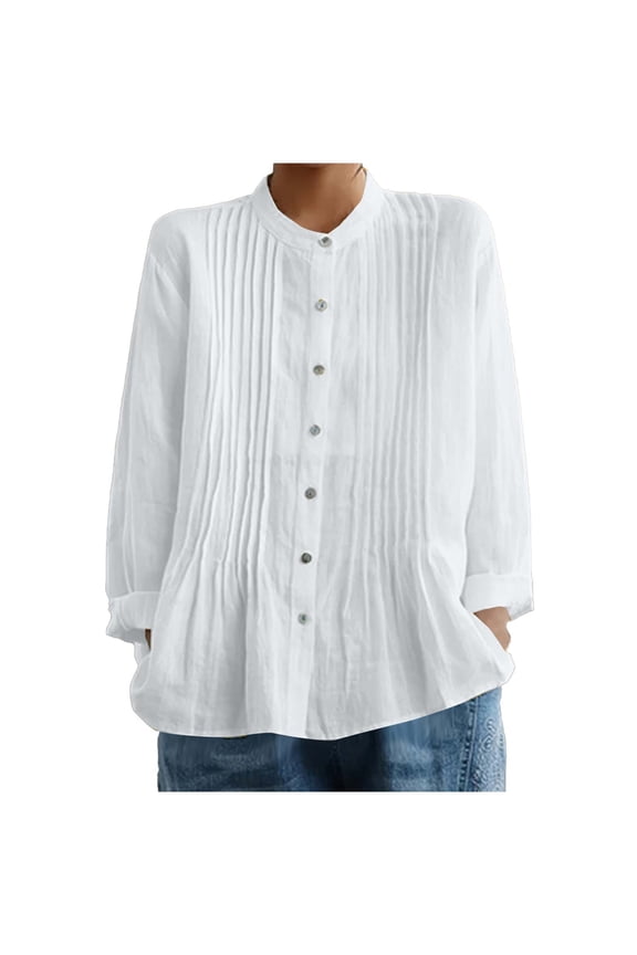 Womens Oversized Linen Shirts Trendy Pleated Smock Neck Long Sleeve Tops Lightwieght Summer Button Down Tunic Blouse for Casual Work White Small