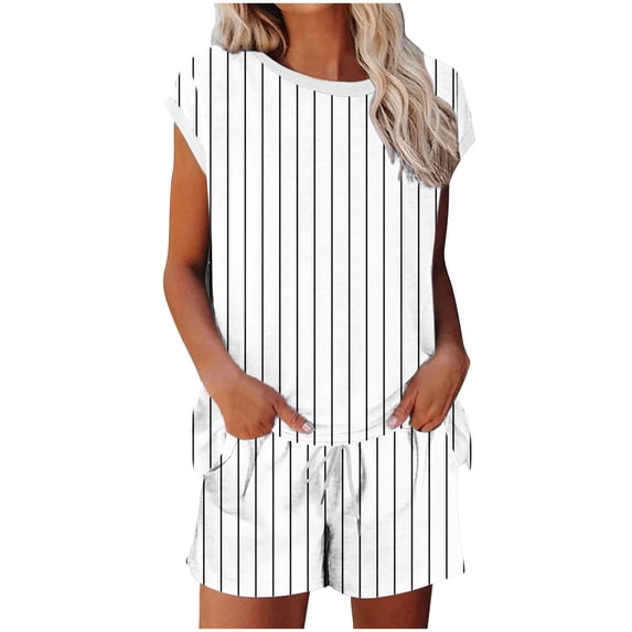 dazeni Womens Pajamas 2 Piece Lounge Sets with Pockets Striped Short Sleeve T Shirts Drawstring Shorts Crewneck Sleep Matching Set