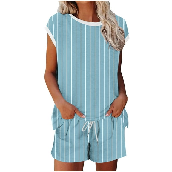 dazeni Womens Pajamas 2 Piece Lounge Sets with Pockets Striped Short Sleeve T Shirts Drawstring Shorts Crewneck Sleep Matching Set