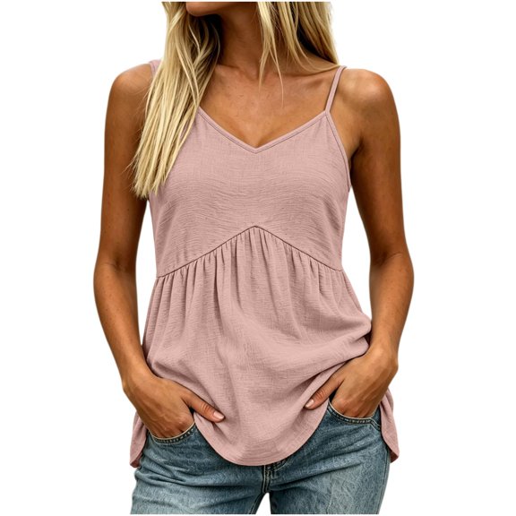 dazeni Womens Pleated Cami Tops Spaghetti Straps V Neck Blouse Loose Casual Sleeveless Camisol Shirts Tunics Pink M