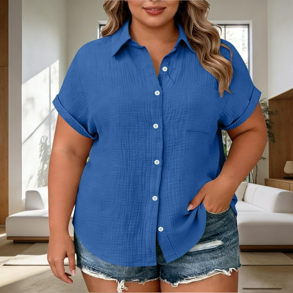 dazeni Womens Plus Size Linen Tops L-5XL Button Down Roll Up Cuffed ...