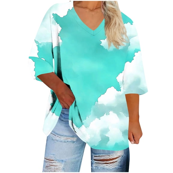 dazeni Womens Plus Size Tops Tie Dye Crewneck Long Sleeve Shirts Loose Casual Tunic Blouse Fashion Summer Beach Boho Tee Green 4X-Large