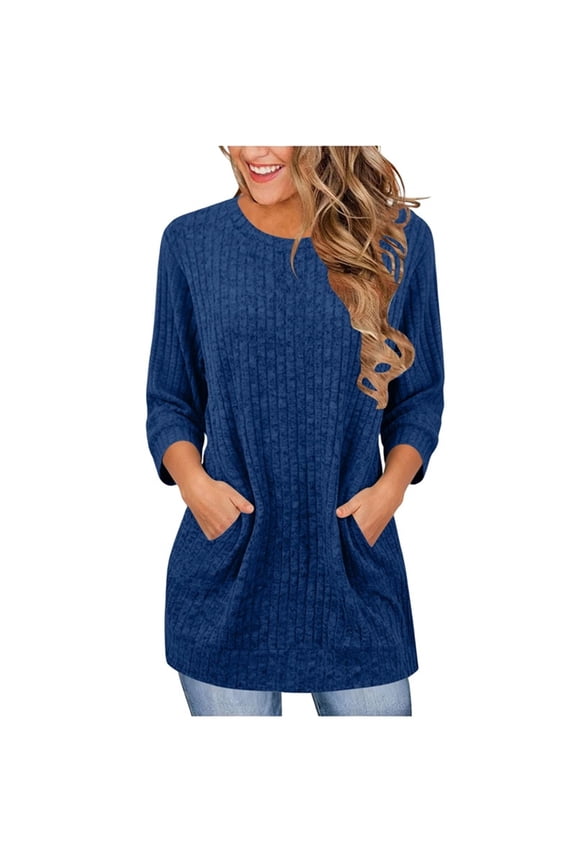 Womens S-2XL Tunic Tops with Pockets Ribbed Knit 3/4 Sleeve Long Blouse Solid Loose Fit Crewneck Long Pullover for Spring Fall to Wear with Leggings Blue XX-Large