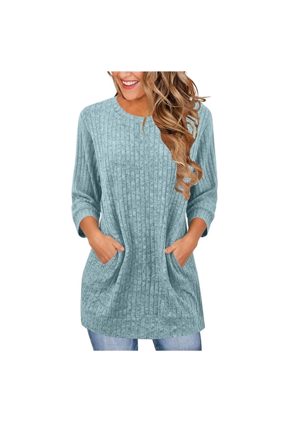 Womens S-2XL Tunic Tops with Pockets Ribbed Knit 3/4 Sleeve Long Blouse Solid Loose Fit Crewneck Long Pullover for Spring Fall to Wear with Leggings Light Blue Medium