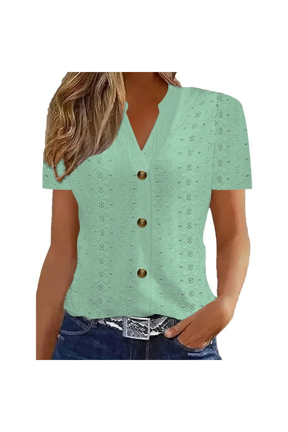 Womens Short Sleeve Cardigan Sweater Lightweight Hollow out Button Down Shirts Solid Tee Dressy Casual Blouse for Work Travel Green X-Small