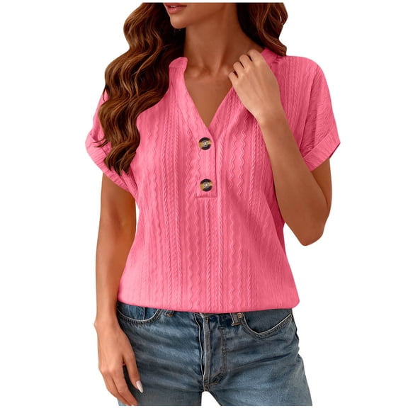 dazeni Womens Short Sleeve Henley Tops V Neck Dressy Casual Blouses Summer Trendy Texture Tee Shirts Solid Vacation Fashion Clothes Hot Pink XX-Large