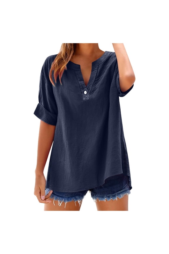 Womens Short Sleeve Tunic Tops Summer V Neck Side Split T Shirts Casual Loose Basic Tees Shirts Lightwieght Solid Color Cotton Linen Blouse Tops Plus Size S-6XL