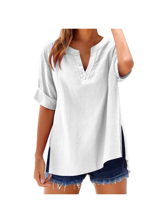 Womens Short Sleeve Tunic Tops Summer V Neck Side Split T Shirts Casual Loose Basic Tees Shirts Lightwieght Solid Color Cotton Linen Blouse Tops Plus Size S-6XL