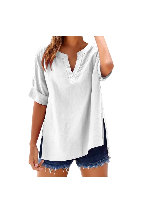 Womens Short Sleeve Tunic Tops Summer V Neck Side Split T Shirts Casual Loose Basic Tees Shirts Lightwieght Solid Color Cotton Linen Blouse Tops Plus Size S-6XL