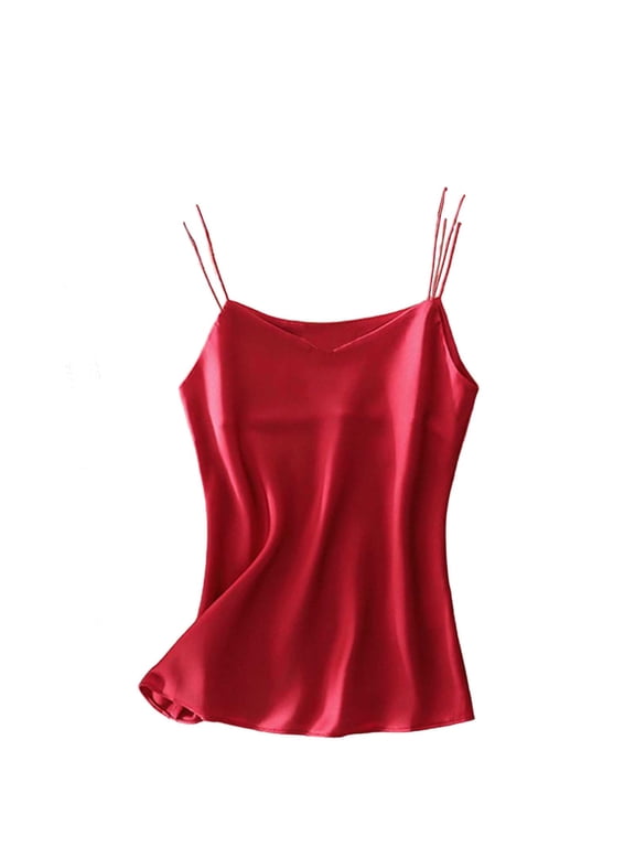 Womens Silk Satin Camisole Tops Regular and Plus Size Soft Smooth Square Neck Cami Plain Strappy Vest Top T-Shirt Blouse Tank Shirt Spaghetti Strap Red Medium