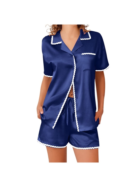 Womens Silk Satin Pajamas Lightweight Striped Short Sleeve Loungewear Two-Piece Sleepwear Button-Down Floral Pj Set S-2XL