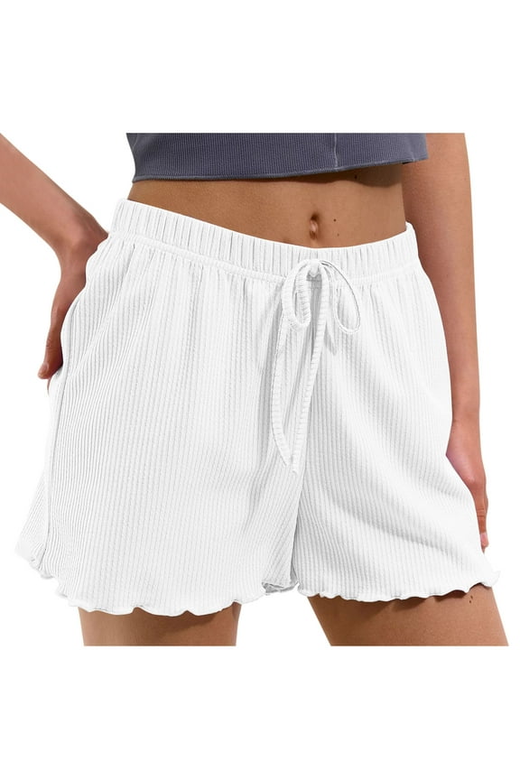 Womens Soft Pajama Shorts Comfy Pjs Bottom Y2k Texture Ruffle Sleep Short Loose Casual High Waisted Drawstring Shorts White L
