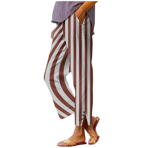 dazeni Womens Striped Linen Capri Pants Side Split Hem Elastic Waisted Straight Leg Cropped Trousers with Pockets Loose Loungewear Summer Beach Boho Clothes Khaki Large