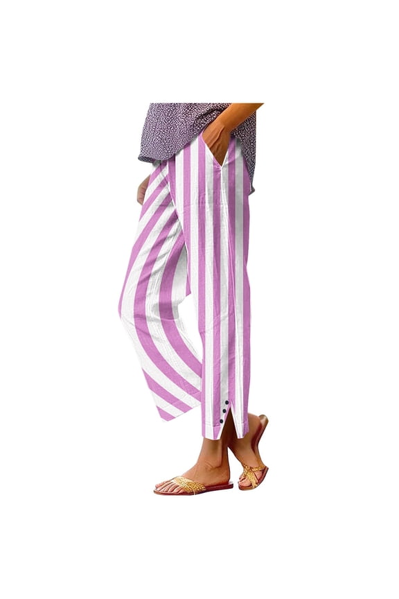Womens Striped Linen Capri Pants Side Split Hem Elastic Waisted Straight Leg Cropped Trousers with Pockets Loose Loungewear Summer Beach Boho Clothes Pink Medium