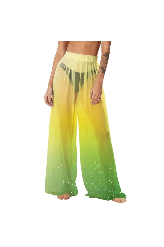 Womens Summer Boho Cover up Pants Sun Protection Sheer Mesh Bikini Bottoms Swimsuit Cover up Wide Leg Beach Palazzo Pants Green Medium