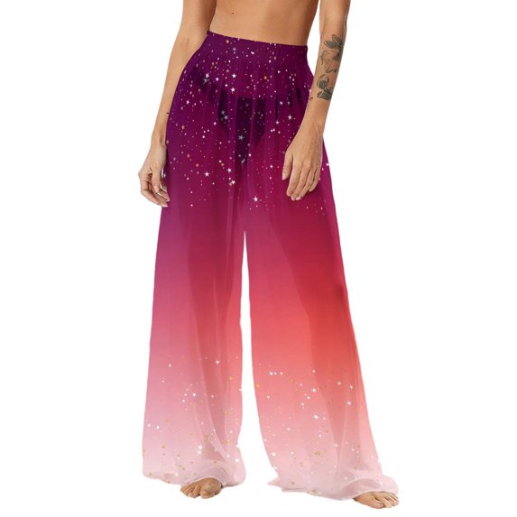 dazeni Womens Summer Boho Cover up Pants Sun Protection Sheer Mesh Bikini Bottoms Swimsuit Cover up Wide Leg Beach Palazzo Pants Watermelon Red Small