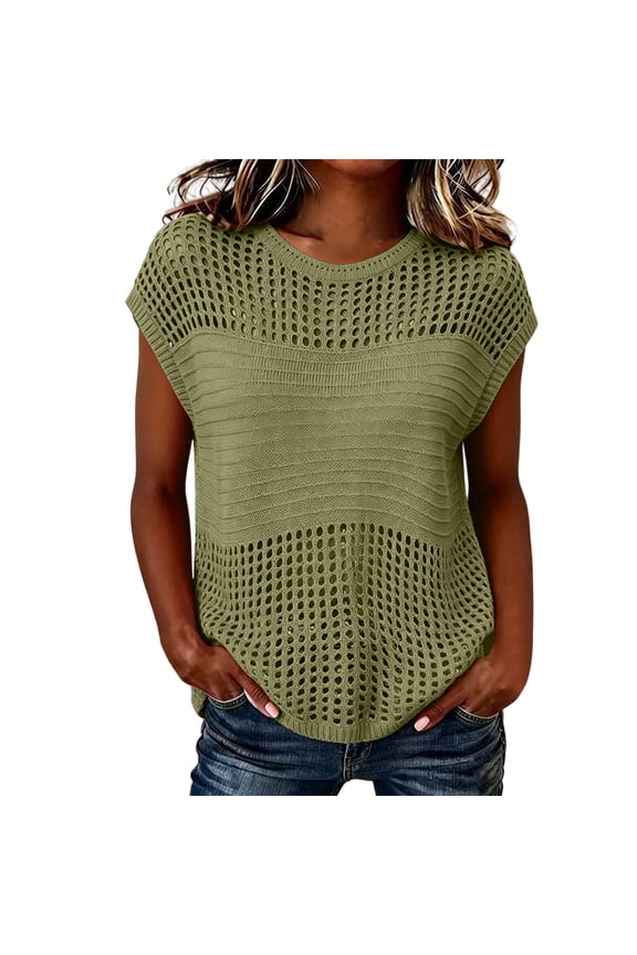 Womens Summer Cap Sleeve Tops Crochet Knit Crewneck Sweater Lightweight Hollow out Beach Vacation Cover ups Army Green