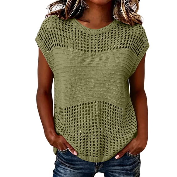 dazeni Womens Summer Cap Sleeve Tops Crochet Knit Crewneck Sweater Lightweight Hollow out Beach Vacation Cover ups Army Green