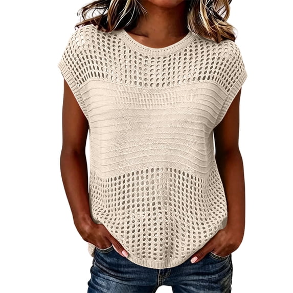 dazeni Womens Summer Cap Sleeve Tops Crochet Knit Crewneck Sweater Lightweight Hollow out Beach Vacation Cover ups Beige