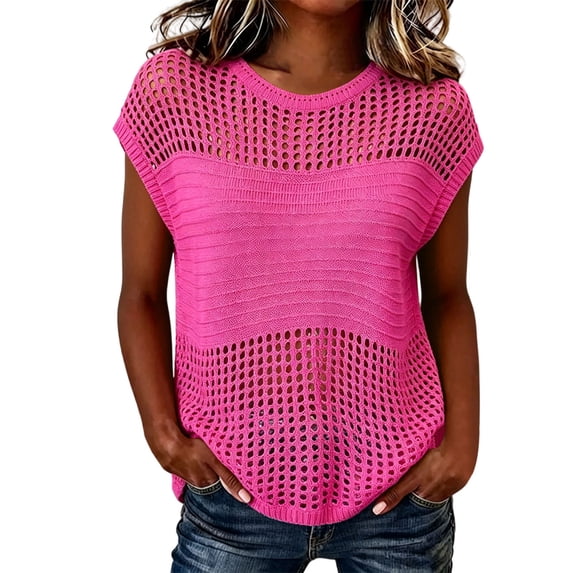 dazeni Womens Summer Cap Sleeve Tops Crochet Knit Crewneck Sweater Lightweight Hollow out Beach Vacation Cover ups Hot Pink